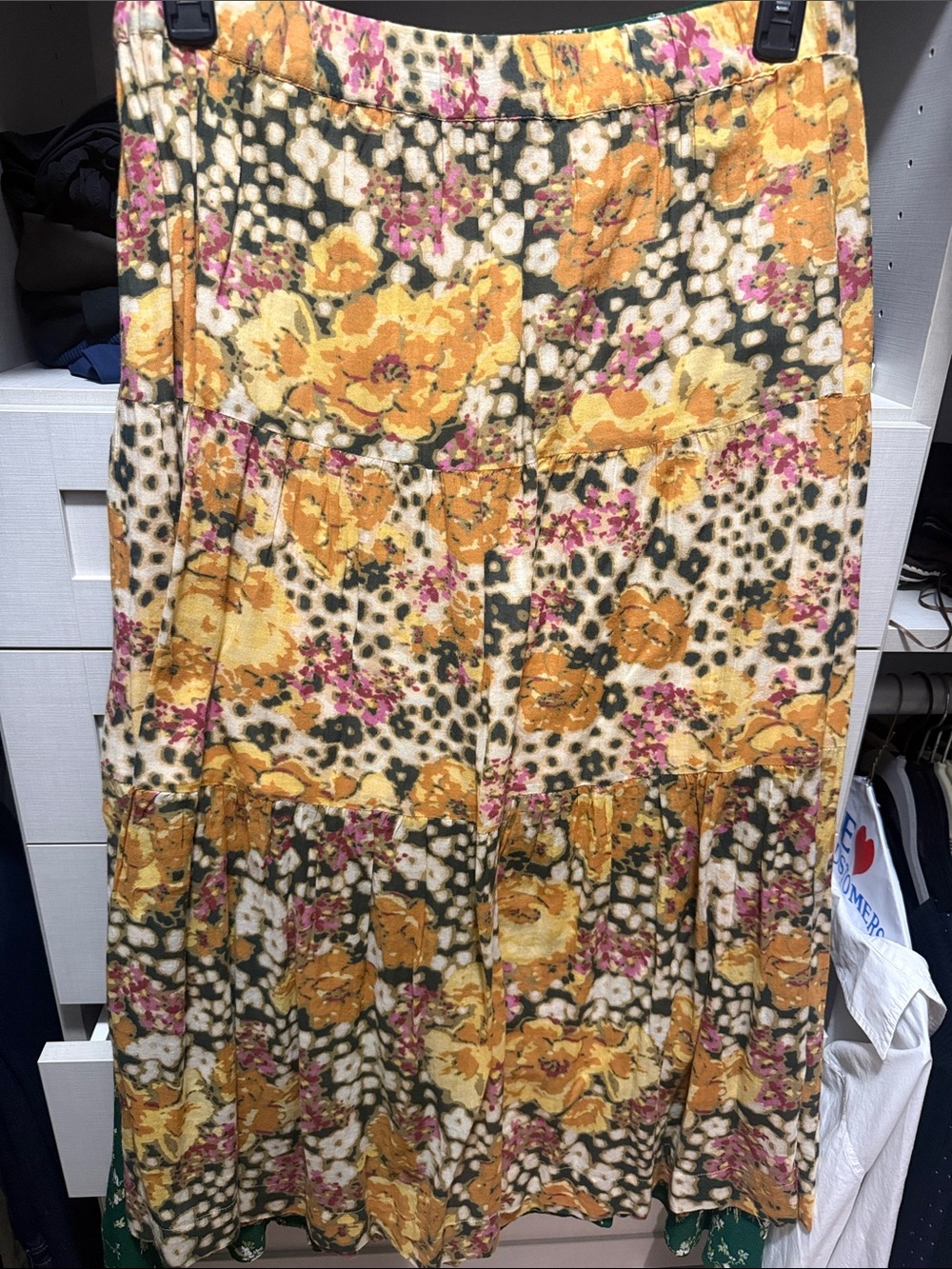 ba&sh Floral Tiered Midi Skirt in Mustard, Olive & Cream